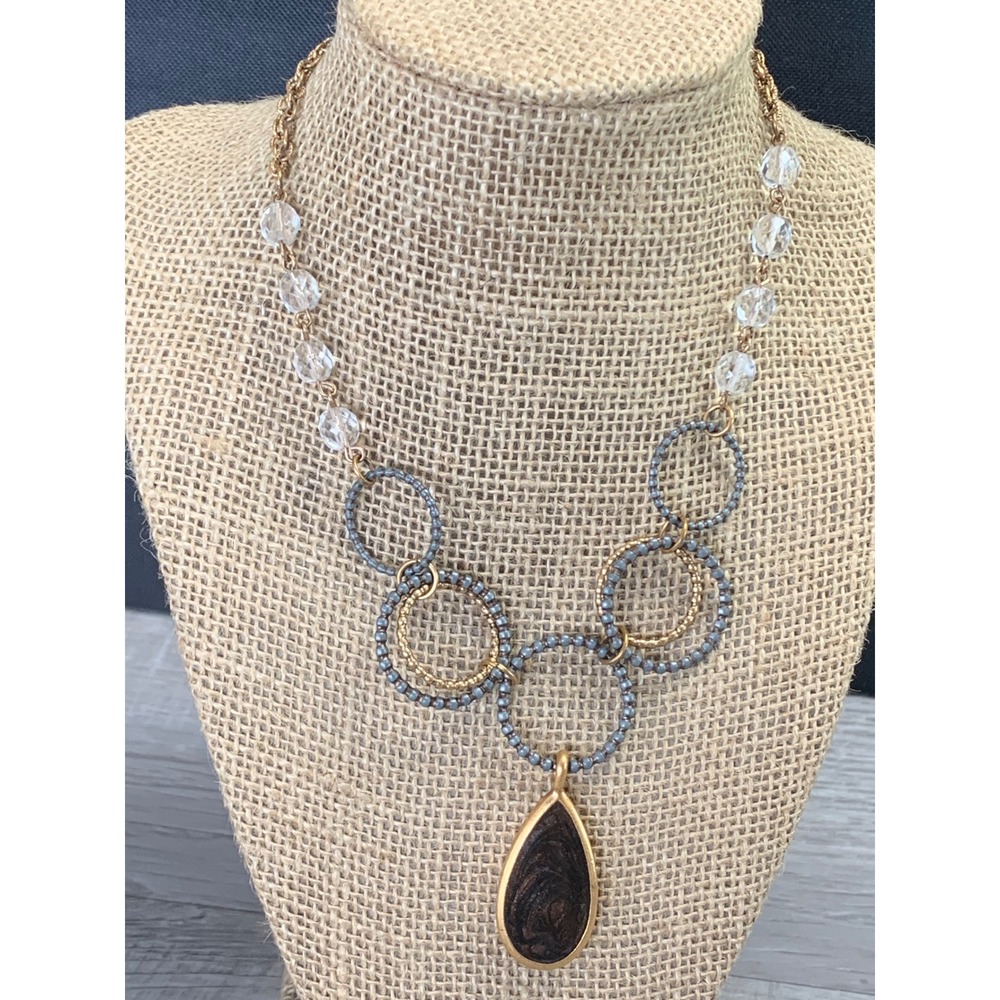 Chicos Gold Tone Beaded Multi Strand Necklace Grey Rings Teardrop Pendant 14in